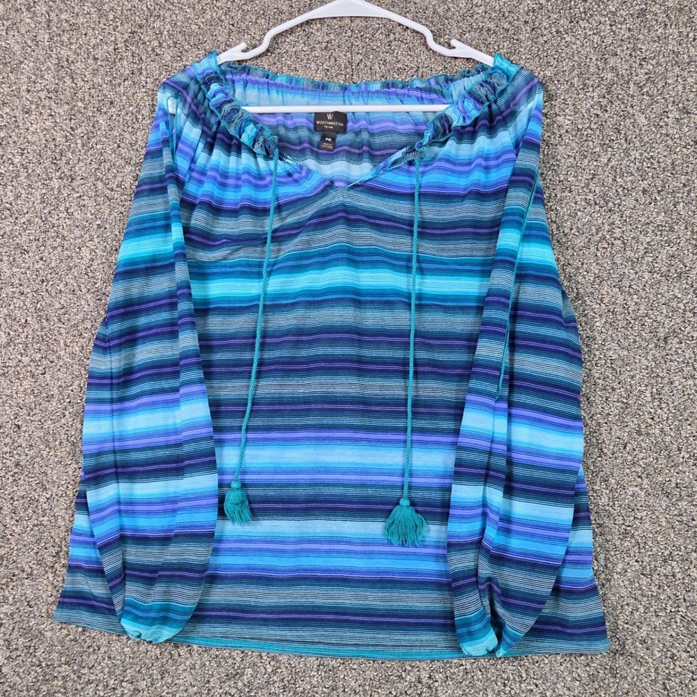 Worthington Peasant Blouse Women Petite PM Blue Striped Tassel Tie Long Sleeve